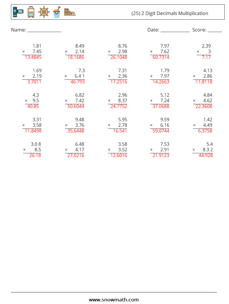 (25) 2 Digit Decimals Multiplication Math Worksheets 18 Question, Answer