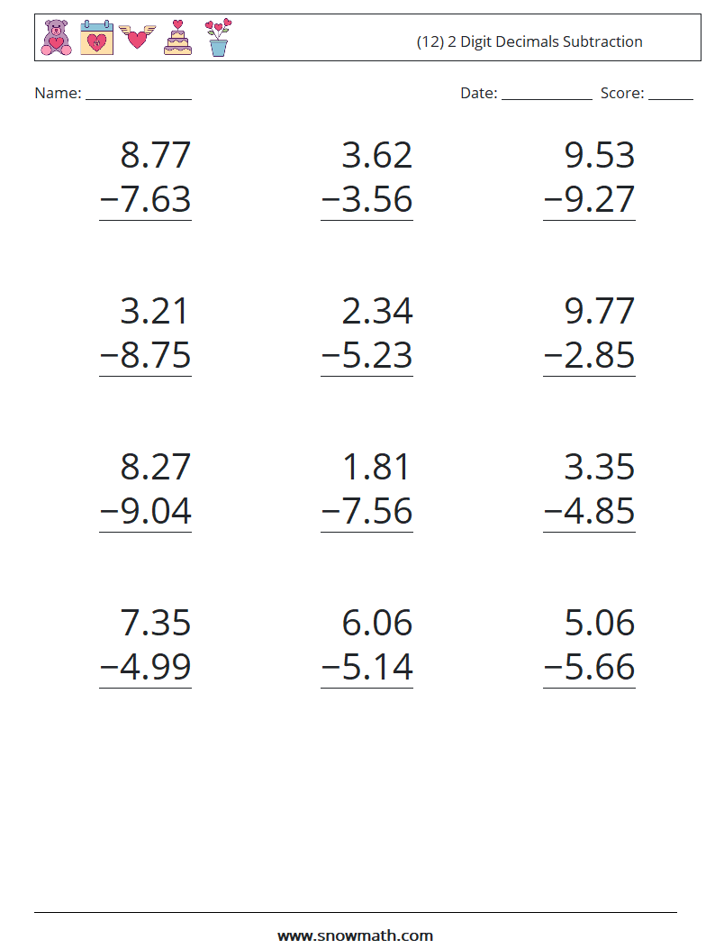 (12) 2 Digit Decimals Subtraction Math Worksheets 11