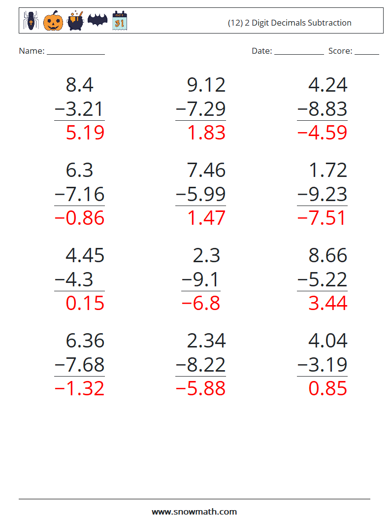 (12) 2 Digit Decimals Subtraction Math Worksheets 12 Question, Answer