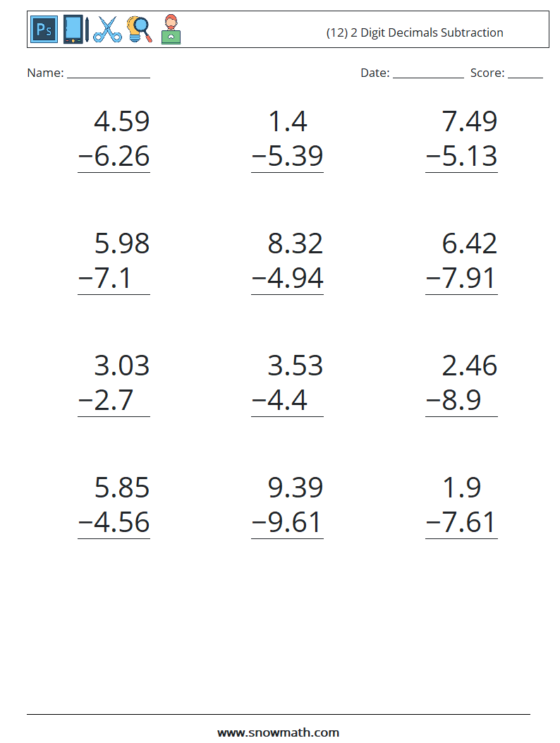 (12) 2 Digit Decimals Subtraction Math Worksheets 15