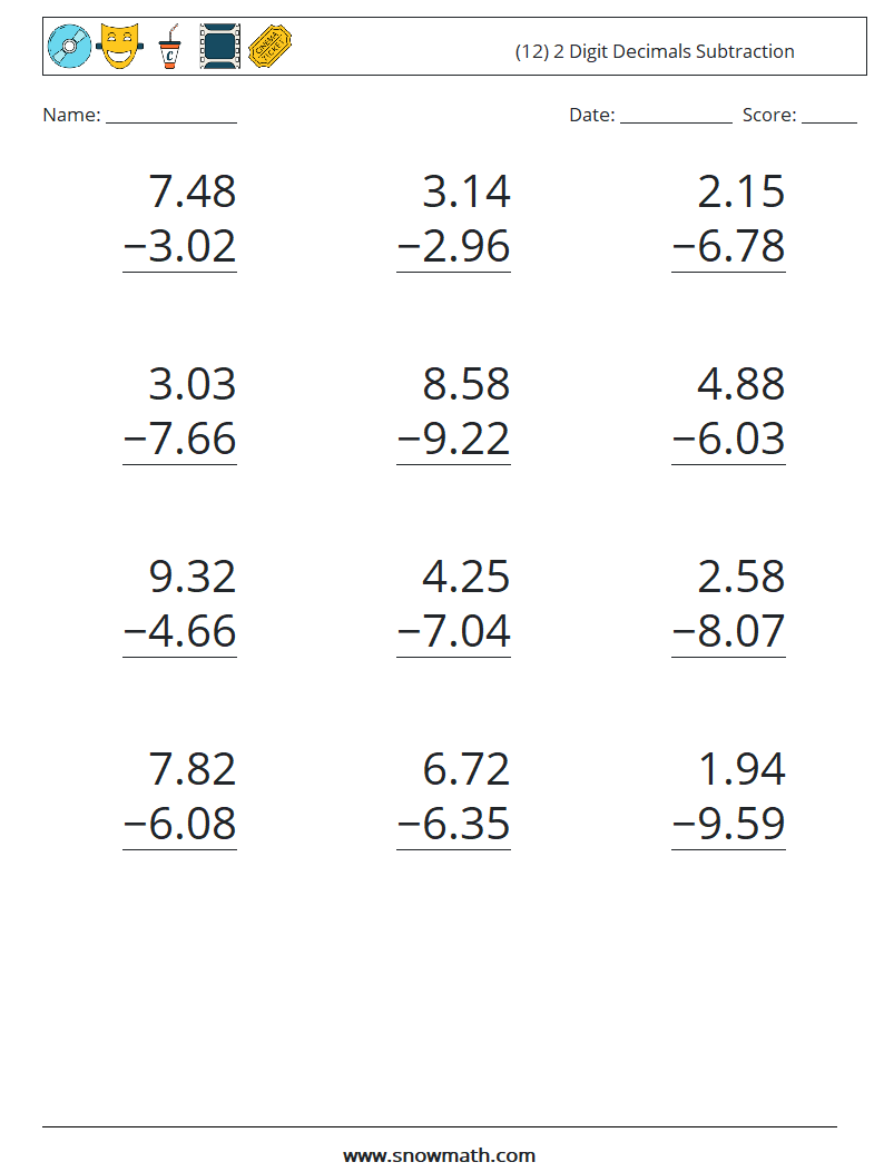 (12) 2 Digit Decimals Subtraction Math Worksheets 17