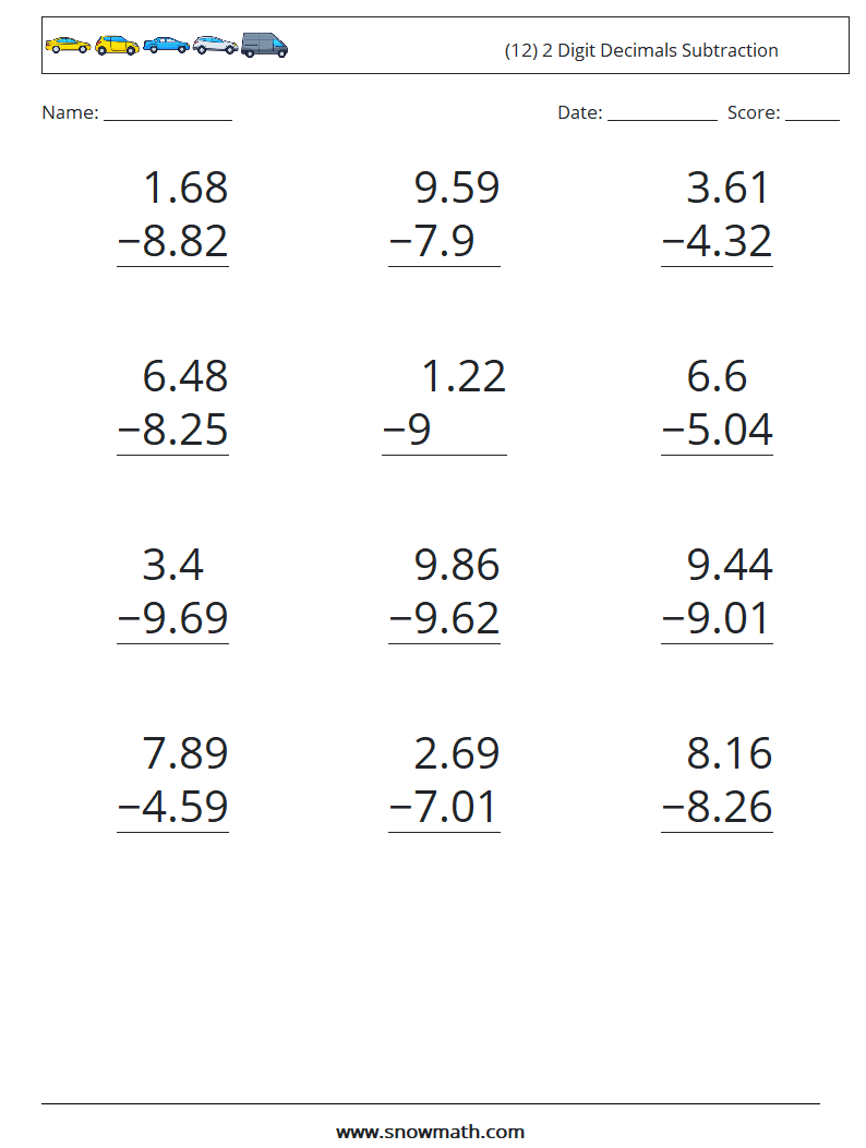 (12) 2 Digit Decimals Subtraction Math Worksheets 18