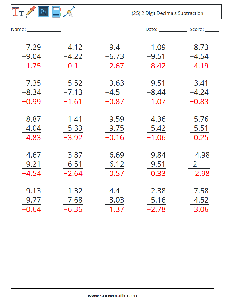 (25) 2 Digit Decimals Subtraction Math Worksheets 10 Question, Answer