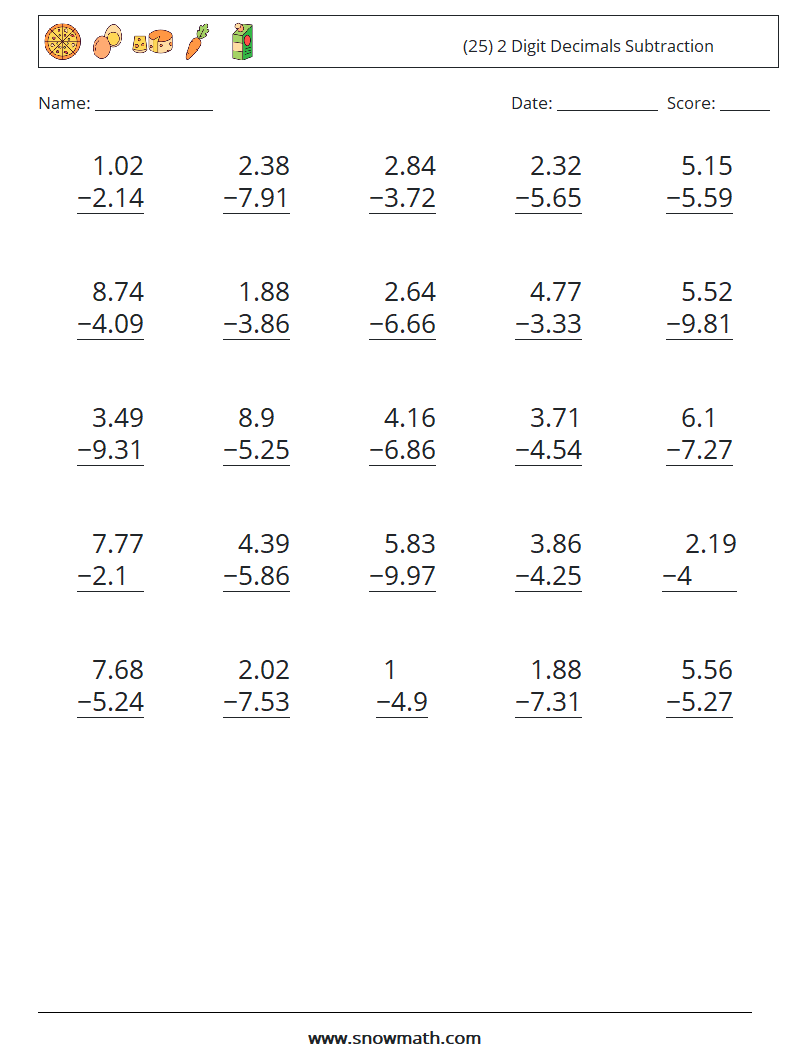 (25) 2 Digit Decimals Subtraction Math Worksheets 14