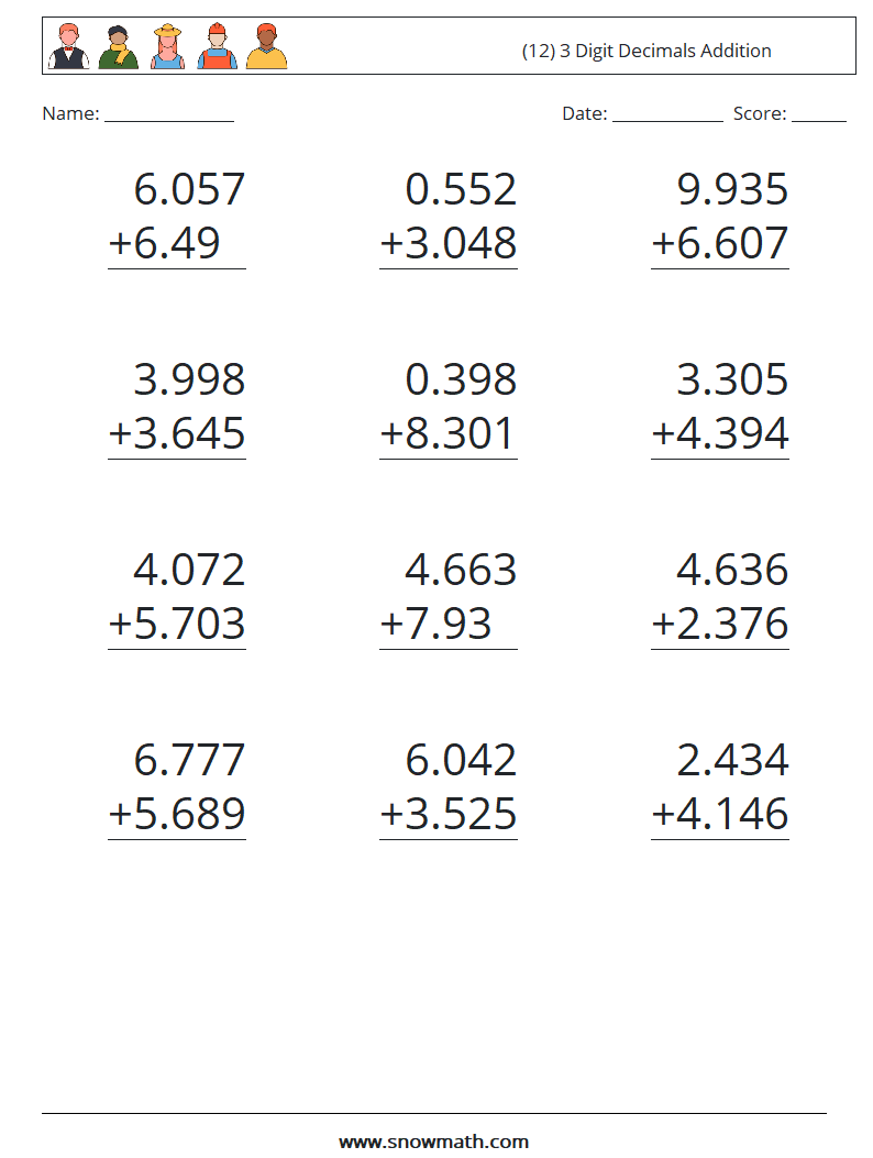 (12) 3 Digit Decimals Addition Math Worksheets 12