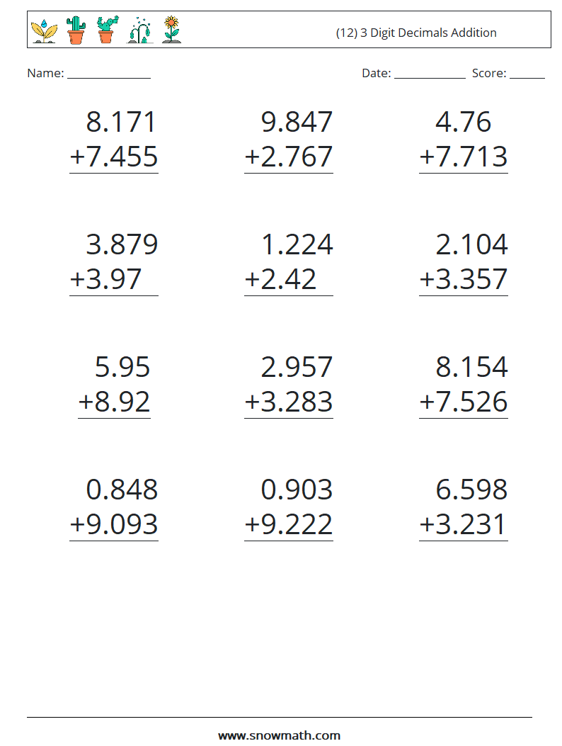 (12) 3 Digit Decimals Addition Math Worksheets 15