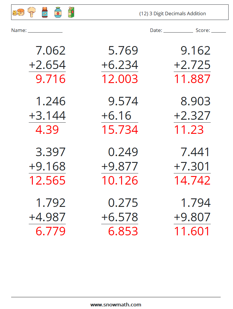 (12) 3 Digit Decimals Addition Math Worksheets 16 Question, Answer
