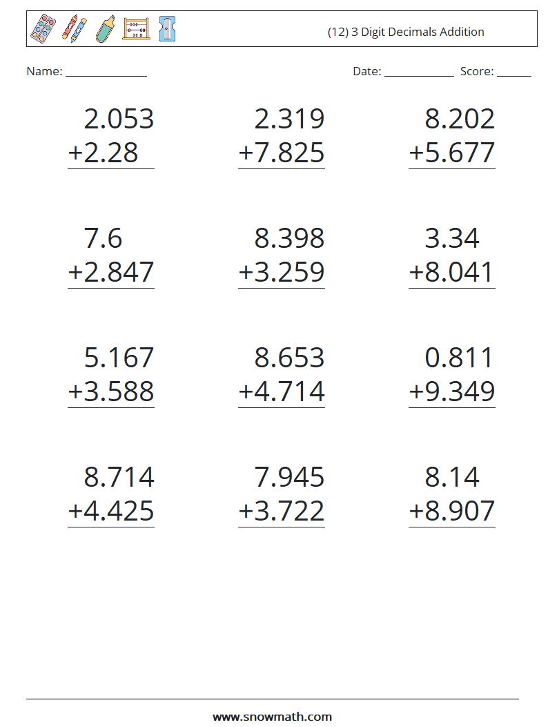 (12) 3 Digit Decimals Addition Math Worksheets 17