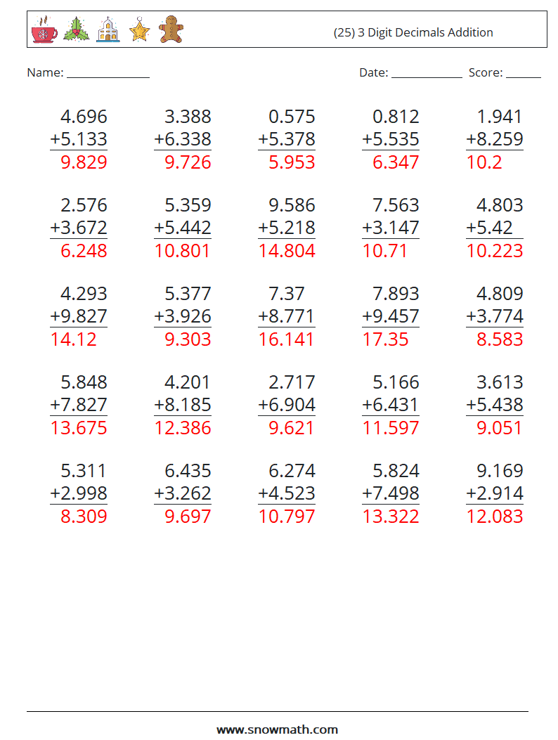 (25) 3 Digit Decimals Addition Math Worksheets 10 Question, Answer