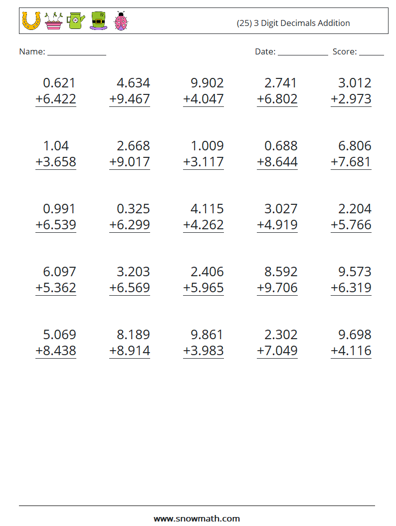 (25) 3 Digit Decimals Addition Math Worksheets 11