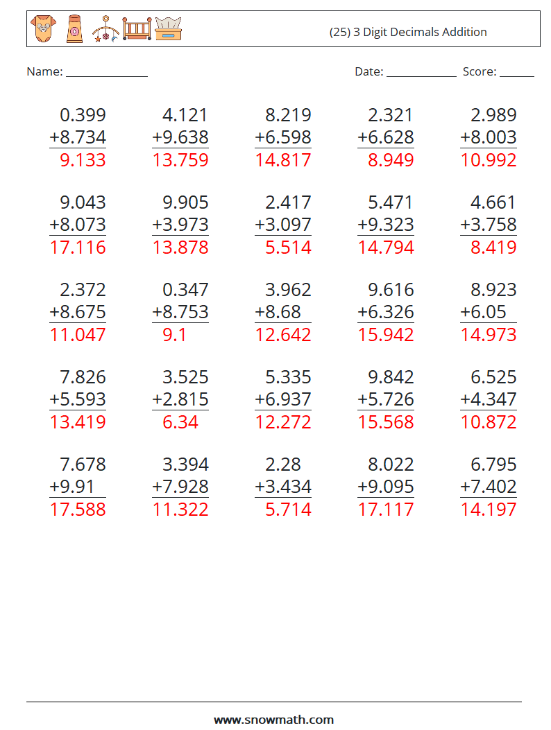 (25) 3 Digit Decimals Addition Math Worksheets 13 Question, Answer