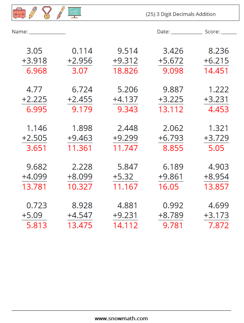(25) 3 Digit Decimals Addition Math Worksheets 14 Question, Answer