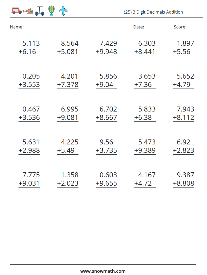 (25) 3 Digit Decimals Addition Math Worksheets 15