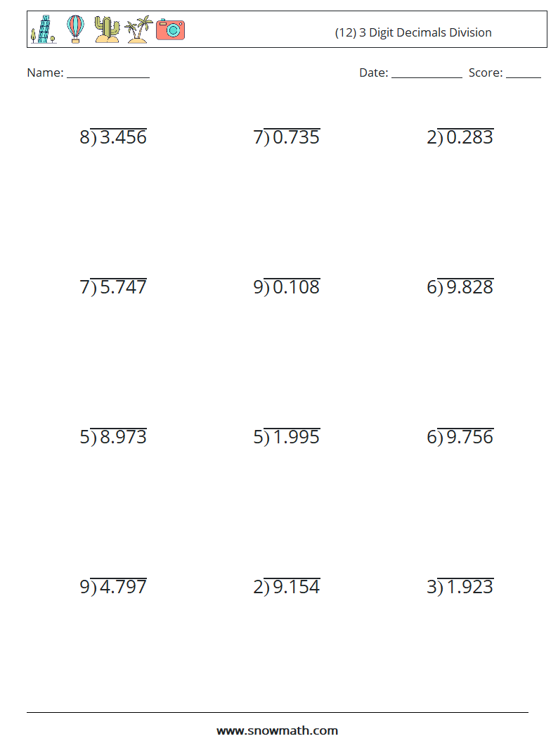 (12) 3 Digit Decimals Division Math Worksheets 1