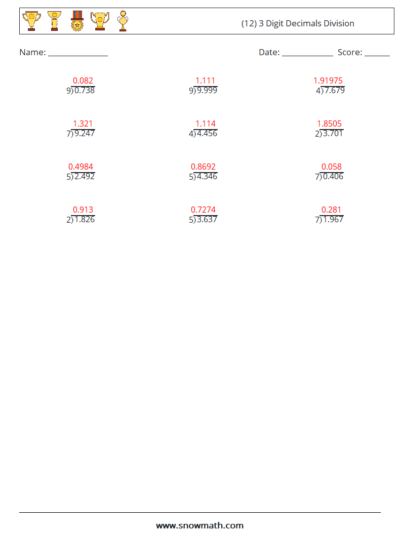 (12) 3 Digit Decimals Division Math Worksheets 10 Question, Answer