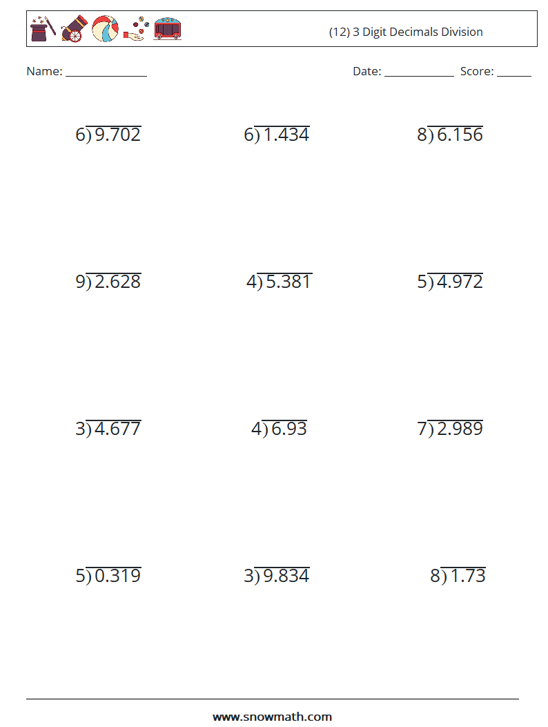 (12) 3 Digit Decimals Division Math Worksheets 11