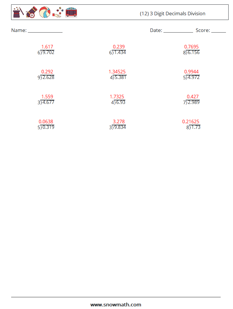 (12) 3 Digit Decimals Division Math Worksheets 11 Question, Answer