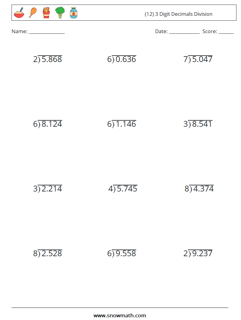 (12) 3 Digit Decimals Division Math Worksheets 12