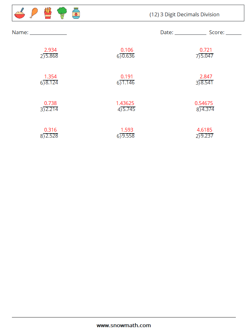 (12) 3 Digit Decimals Division Math Worksheets 12 Question, Answer