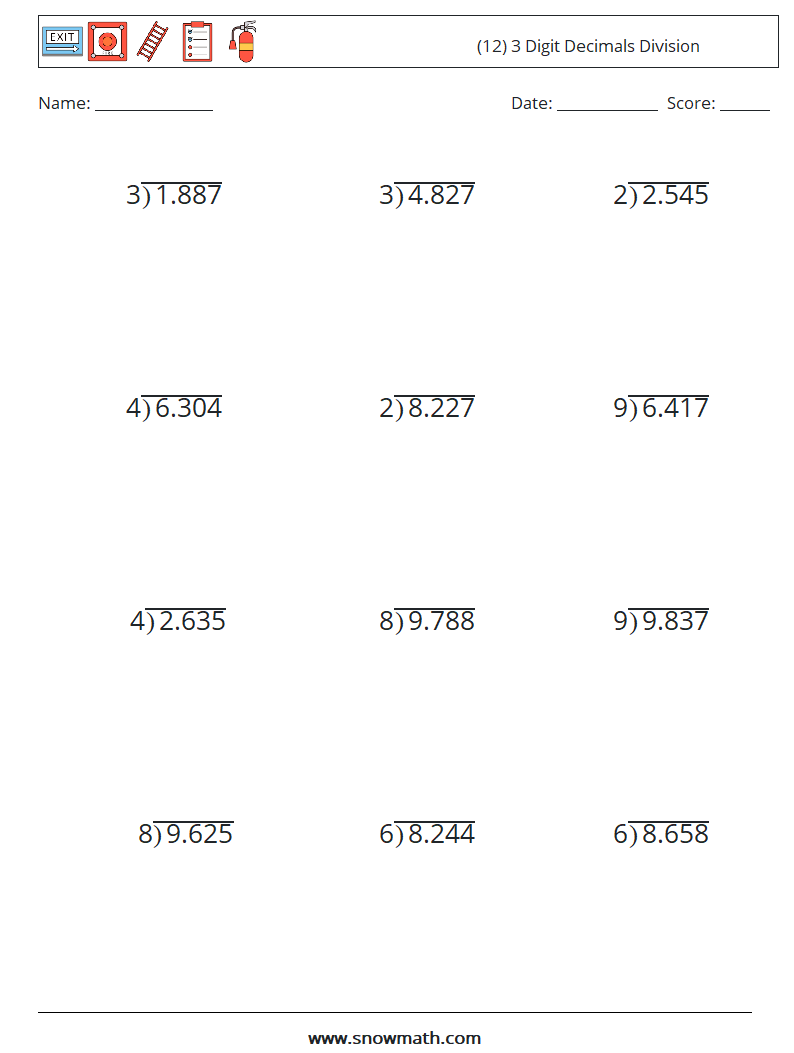 (12) 3 Digit Decimals Division Math Worksheets 13