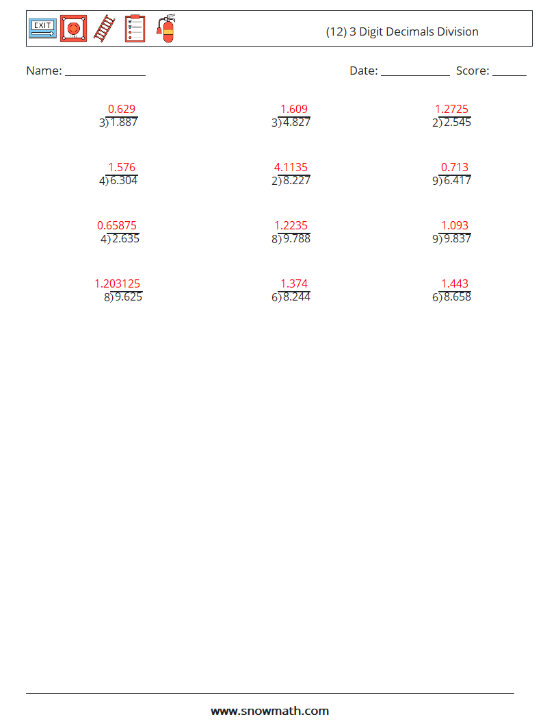 (12) 3 Digit Decimals Division Math Worksheets 13 Question, Answer