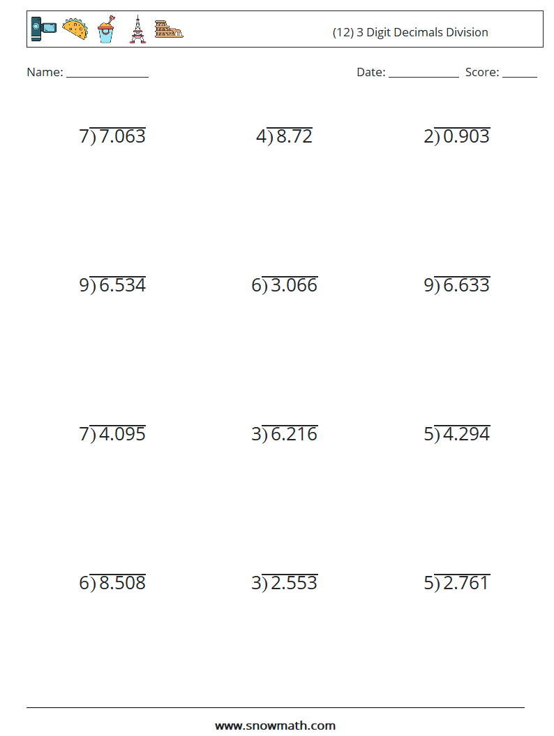 (12) 3 Digit Decimals Division Math Worksheets 14