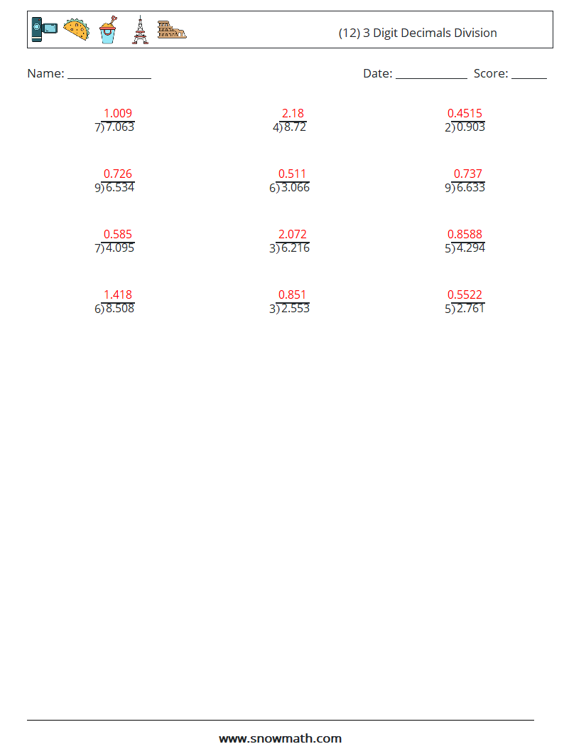 (12) 3 Digit Decimals Division Math Worksheets 14 Question, Answer