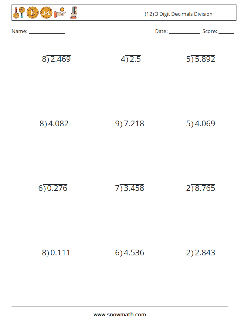 (12) 3 Digit Decimals Division Math Worksheets 15