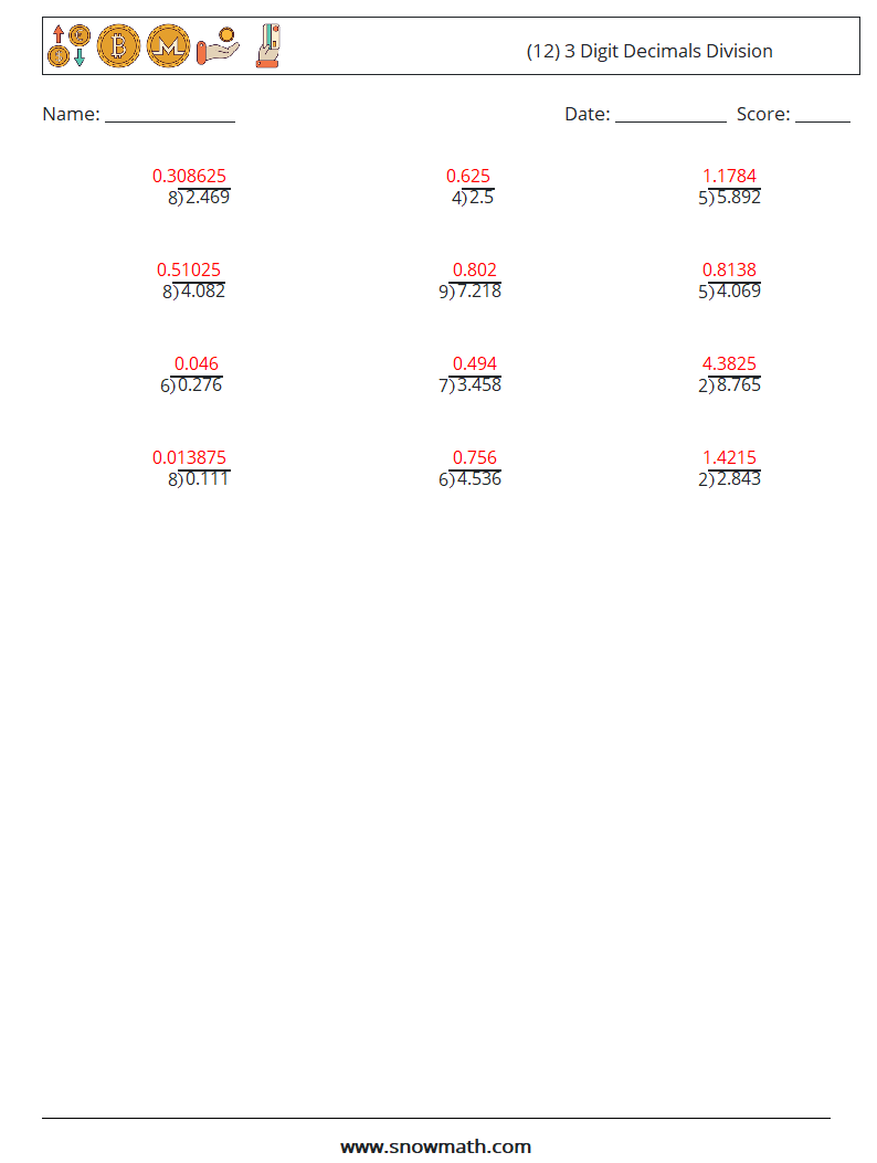 (12) 3 Digit Decimals Division Math Worksheets 15 Question, Answer