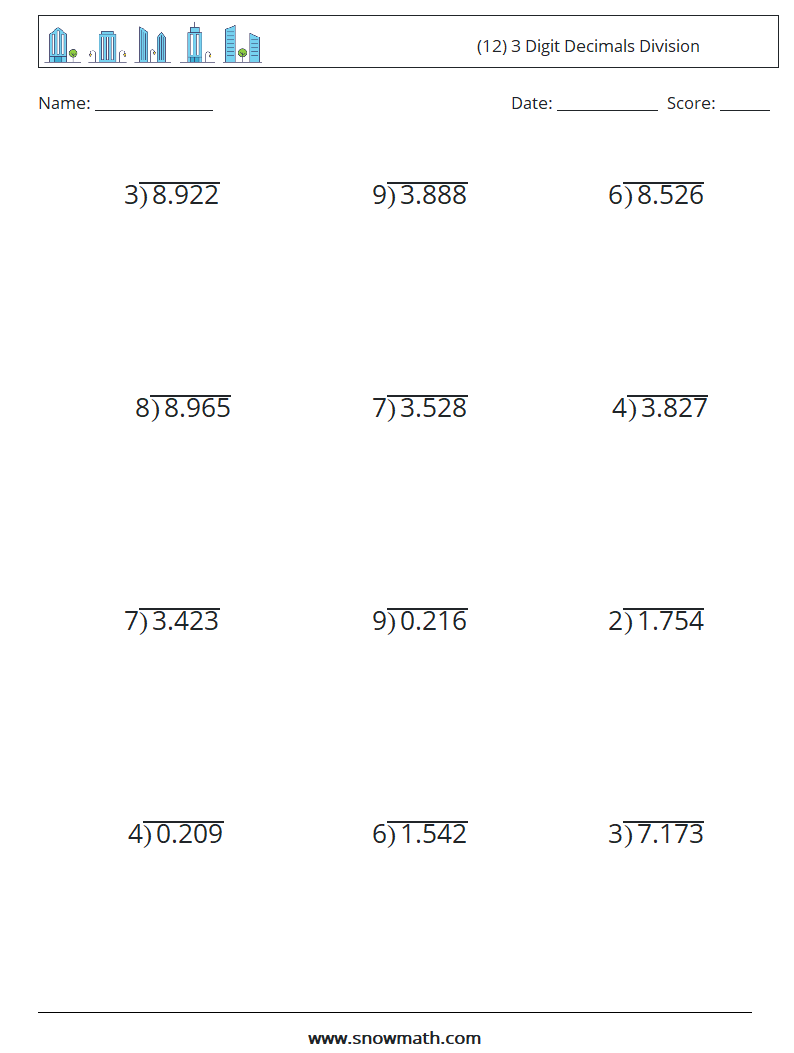 (12) 3 Digit Decimals Division Math Worksheets 16