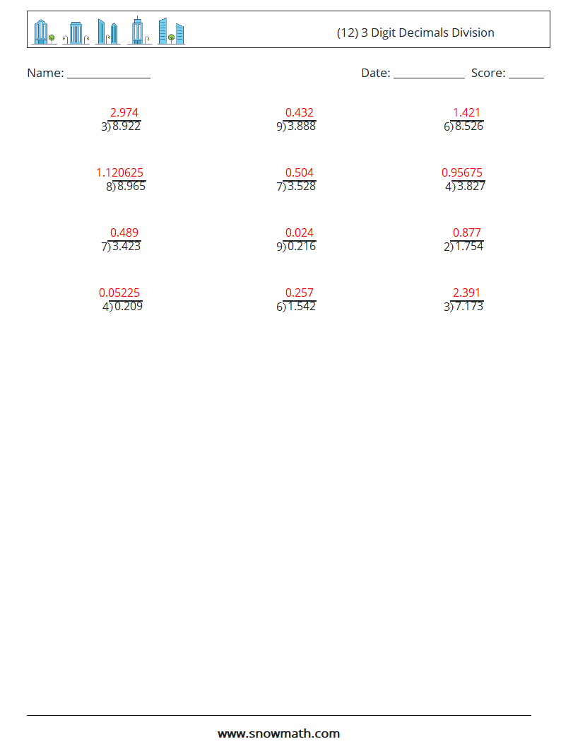 (12) 3 Digit Decimals Division Math Worksheets 16 Question, Answer