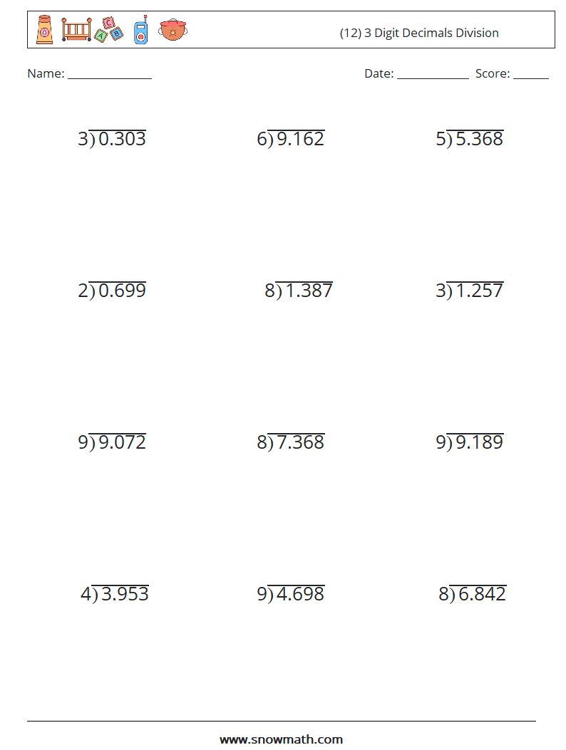 (12) 3 Digit Decimals Division Math Worksheets 17