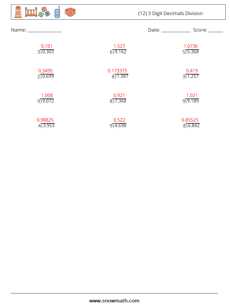 (12) 3 Digit Decimals Division Math Worksheets 17 Question, Answer