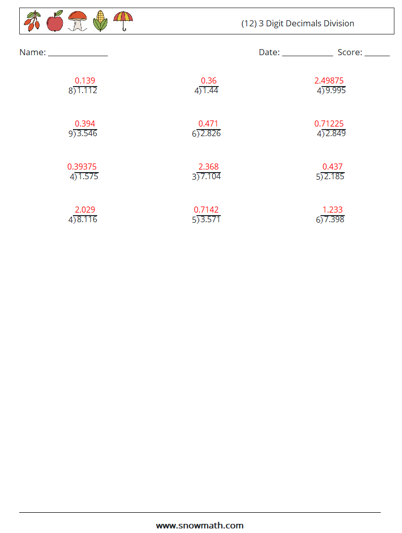 (12) 3 Digit Decimals Division Math Worksheets 18 Question, Answer