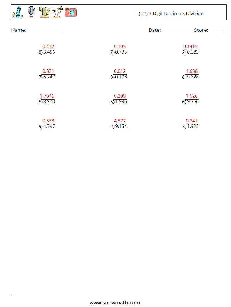 (12) 3 Digit Decimals Division Math Worksheets 1 Question, Answer