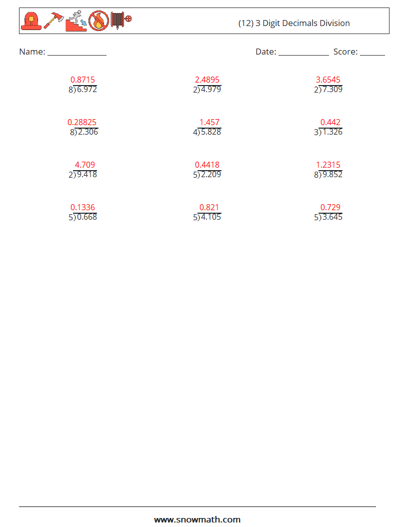 (12) 3 Digit Decimals Division Math Worksheets 3 Question, Answer