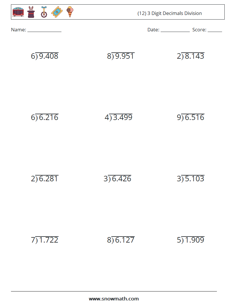 (12) 3 Digit Decimals Division Math Worksheets 4