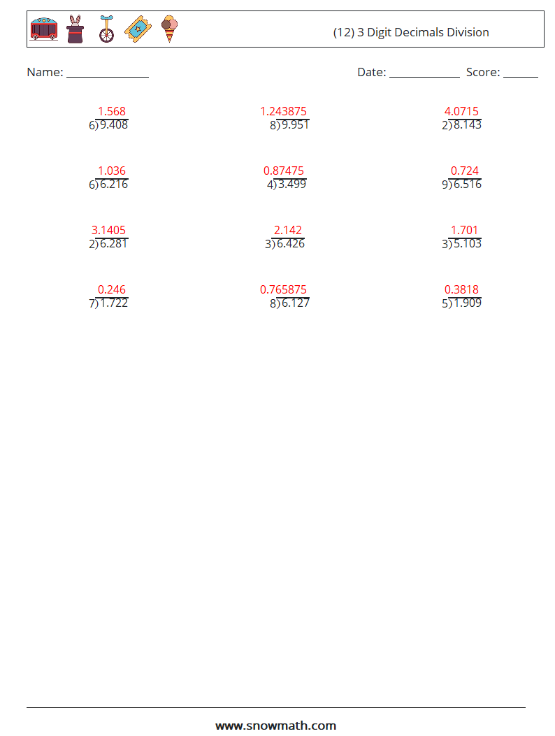 (12) 3 Digit Decimals Division Math Worksheets 4 Question, Answer