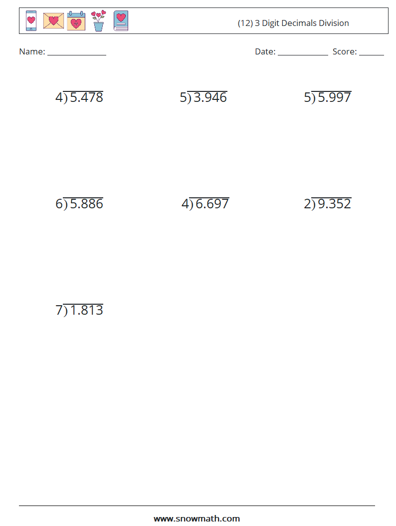 (12) 3 Digit Decimals Division Math Worksheets 5