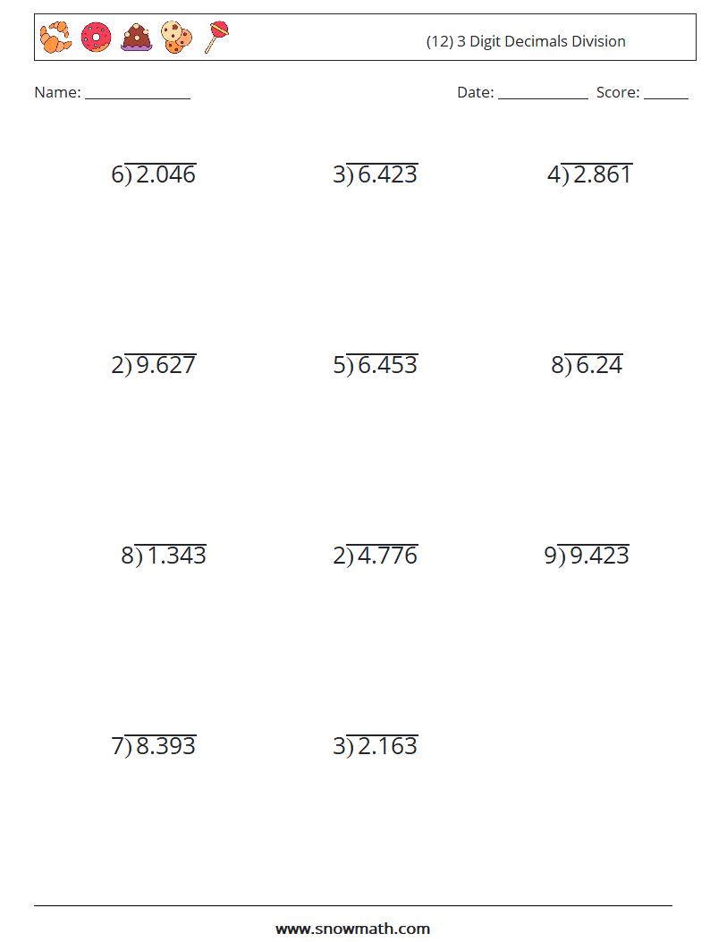 (12) 3 Digit Decimals Division Math Worksheets 6