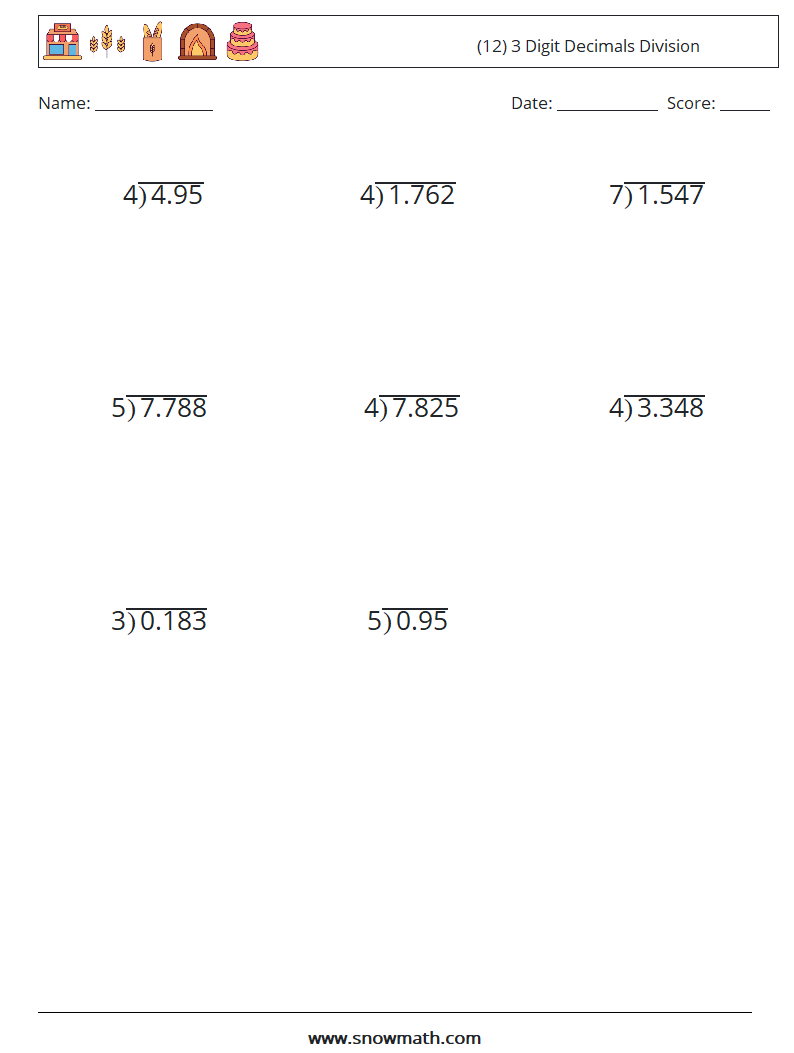 (12) 3 Digit Decimals Division Math Worksheets 7