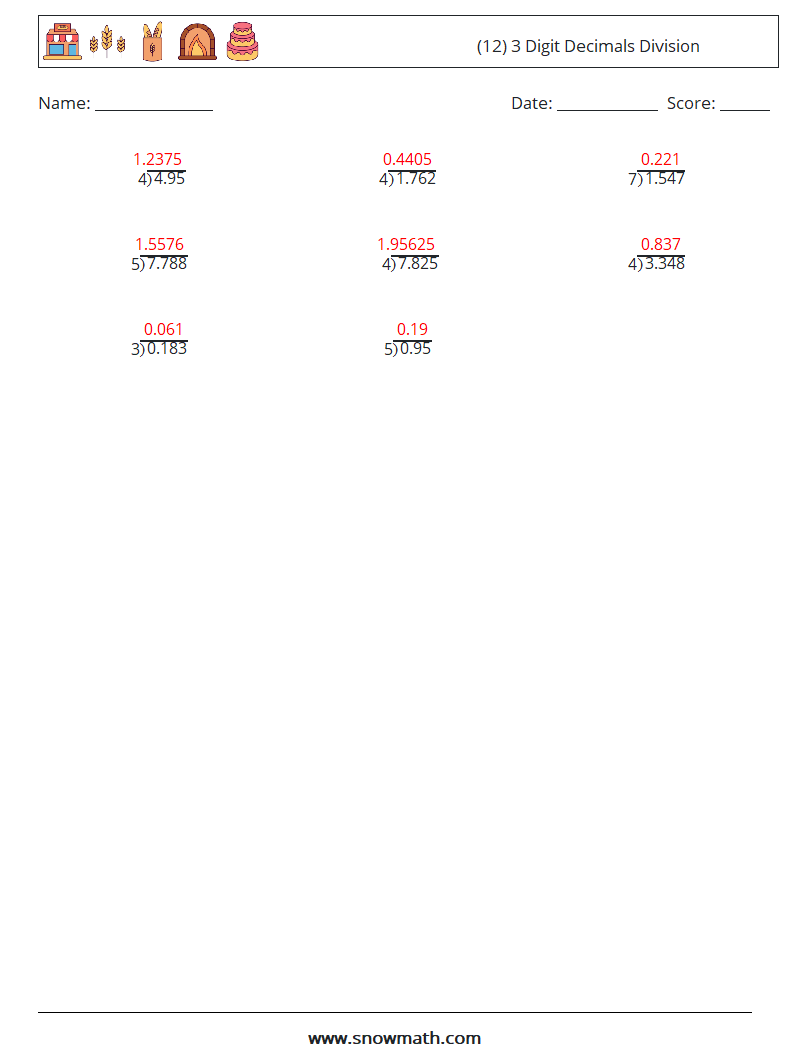 (12) 3 Digit Decimals Division Math Worksheets 7 Question, Answer