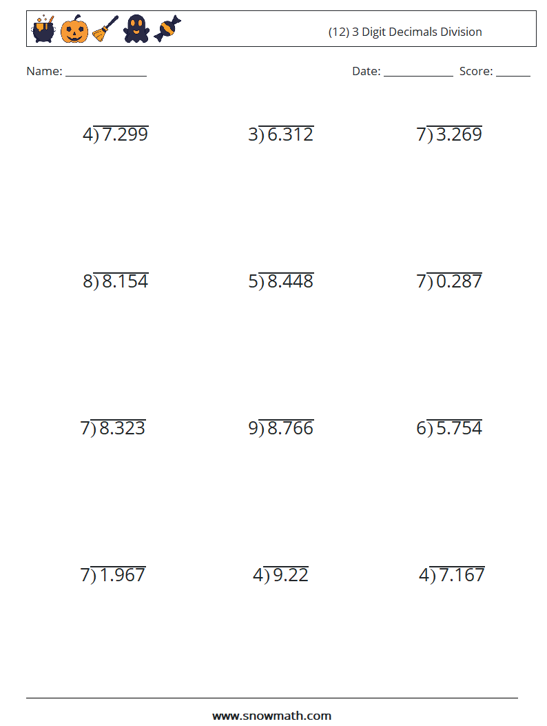 (12) 3 Digit Decimals Division Math Worksheets 9