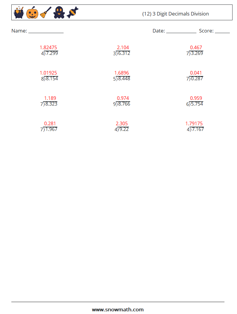 (12) 3 Digit Decimals Division Math Worksheets 9 Question, Answer