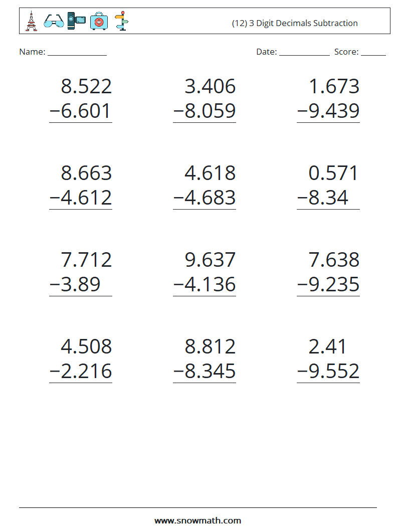 (12) 3 Digit Decimals Subtraction Math Worksheets 10