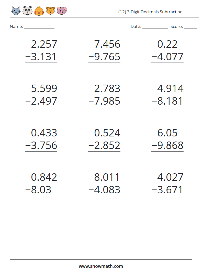 (12) 3 Digit Decimals Subtraction Math Worksheets 11
