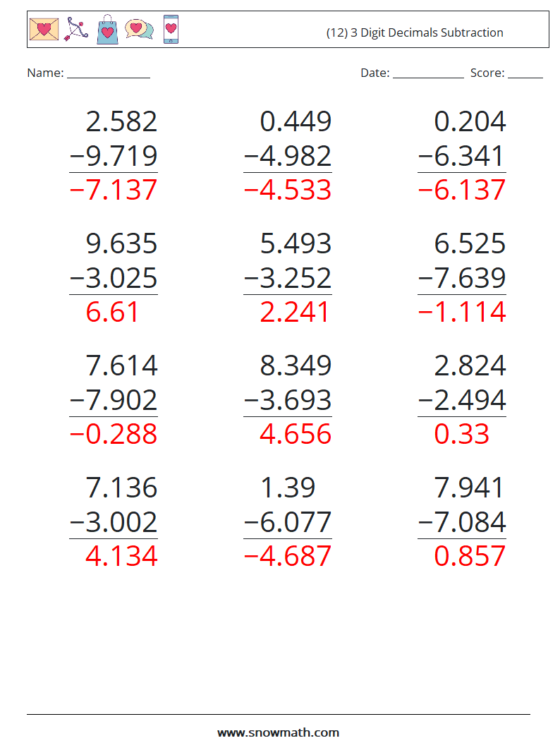 (12) 3 Digit Decimals Subtraction Math Worksheets 13 Question, Answer