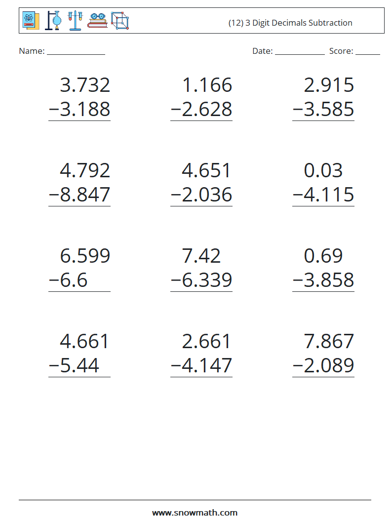 (12) 3 Digit Decimals Subtraction Math Worksheets 18