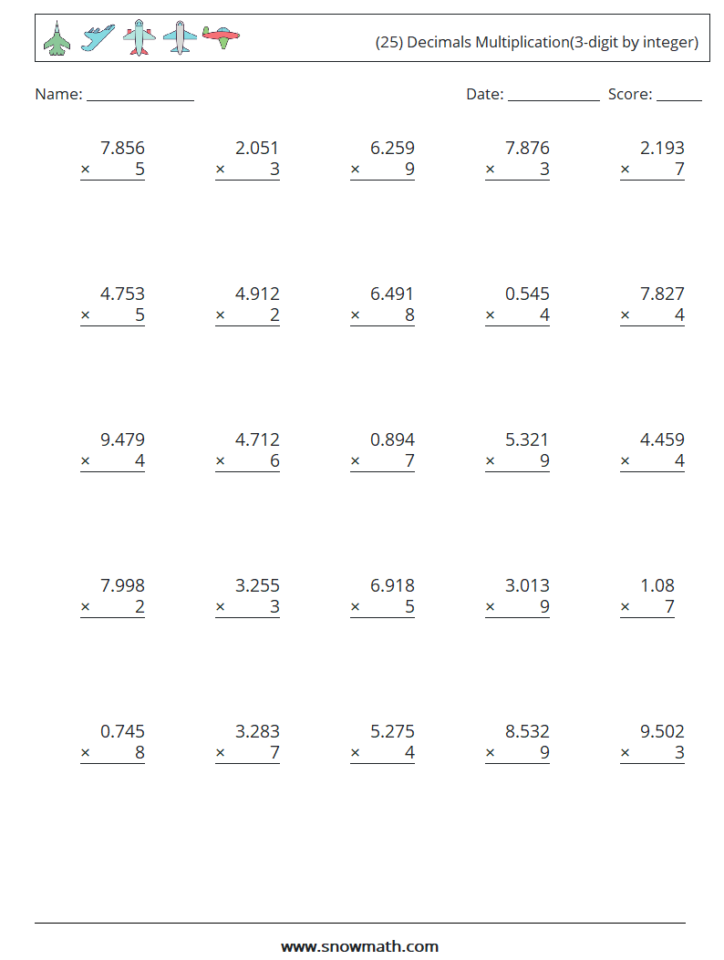 (25) Decimals Multiplication(3-digit by integer) Math Worksheets 1