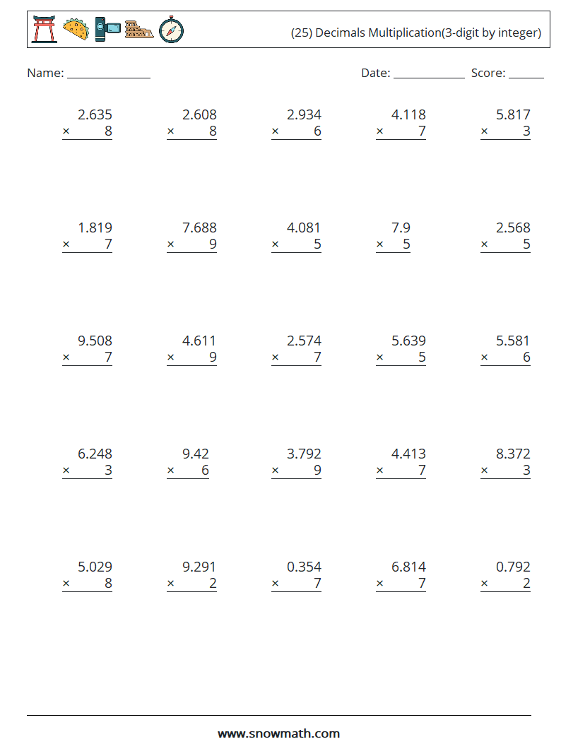 (25) Decimals Multiplication(3-digit by integer) Math Worksheets 10